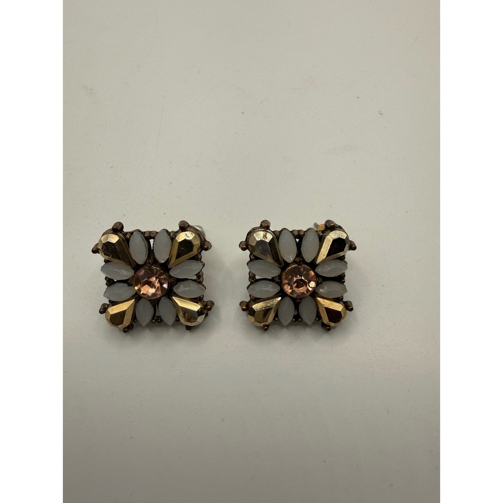 Vintage Style Square Floral Stud Earrings Bronze Gold White Rhinestone Statement